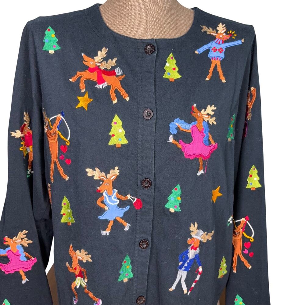 Vtg 90s Michael Simon Lite Christmas Cardigan Sweater Large Dancing Reindeer L